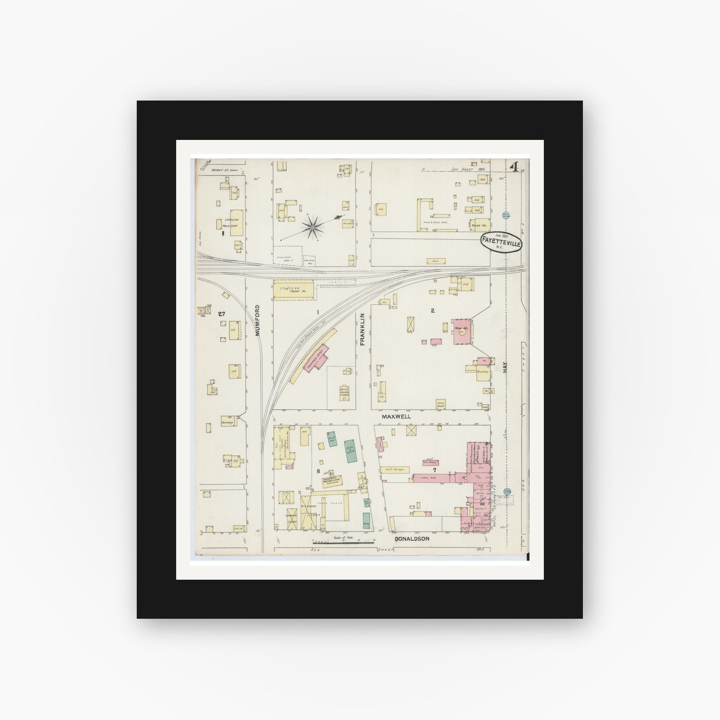 Old map wall art mockup — black gallery frame with white mat — Sanborn Fire Insurance Map from Fayetteville, Cumberland County, North Carolina (1891), Sheet #0004