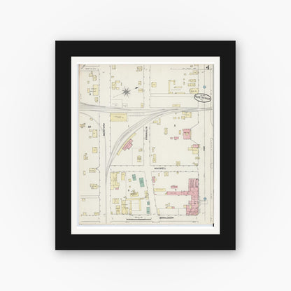 Old map wall art mockup — black gallery frame with white mat — Sanborn Fire Insurance Map from Fayetteville, Cumberland County, North Carolina (1891), Sheet #0004
