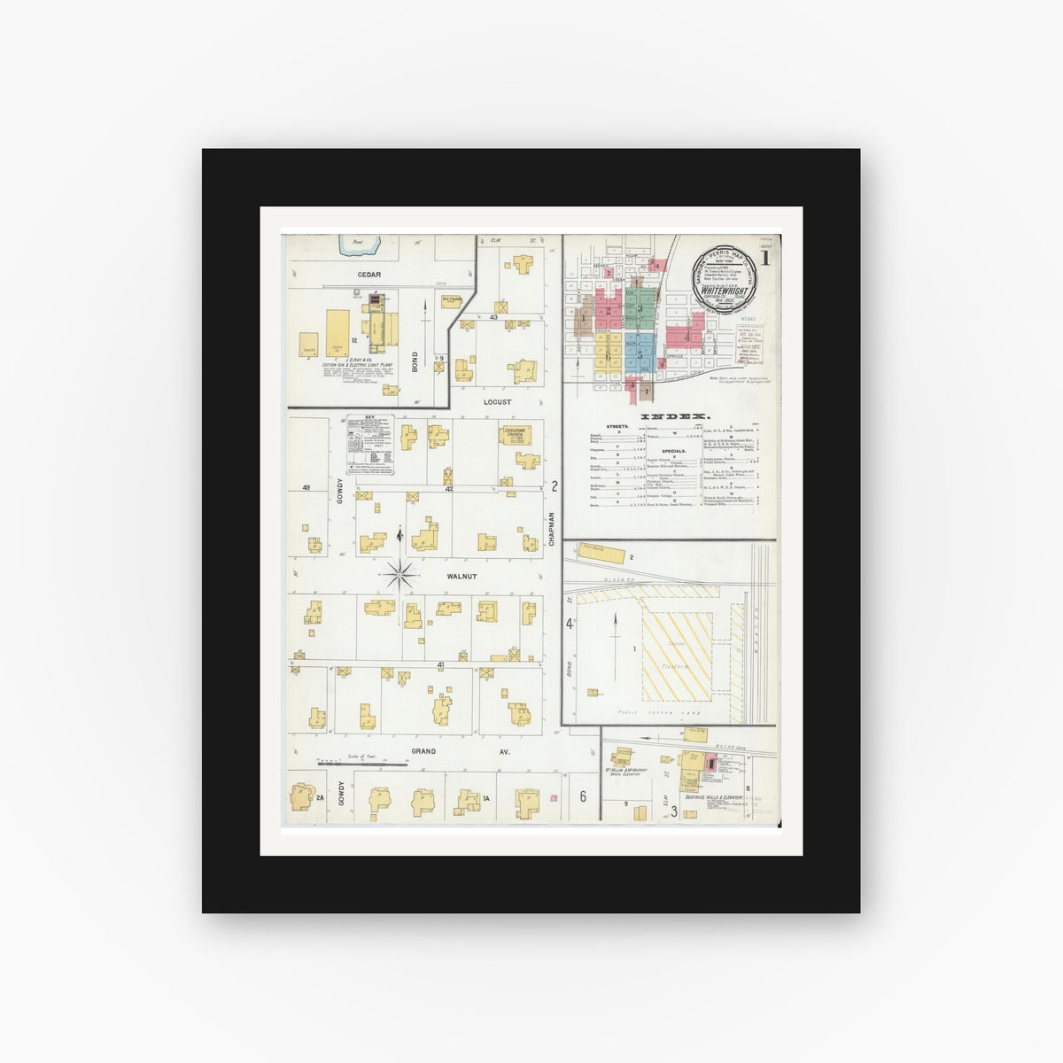 Old map wall art mockup — black gallery frame with white mat — Sanborn Fire Insurance Map from Whitewright, Grayson County, Texas (1900), Sheet #0001