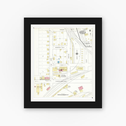 Old map wall art mockup — black gallery frame with white mat — Sanborn Fire Insurance Map from Iowa Falls, Hardin County, Iowa (1917), Sheet #0008