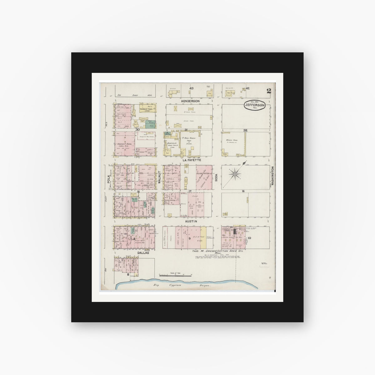 Old map wall art mockup — black gallery frame with white mat — Sanborn Fire Insurance Map from Jefferson, Marion County, Texas (1890), Sheet #0002