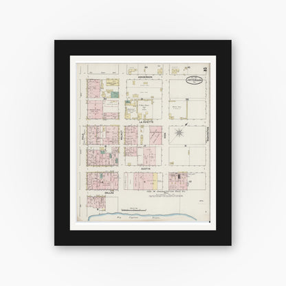 Old map wall art mockup — black gallery frame with white mat — Sanborn Fire Insurance Map from Jefferson, Marion County, Texas (1890), Sheet #0002