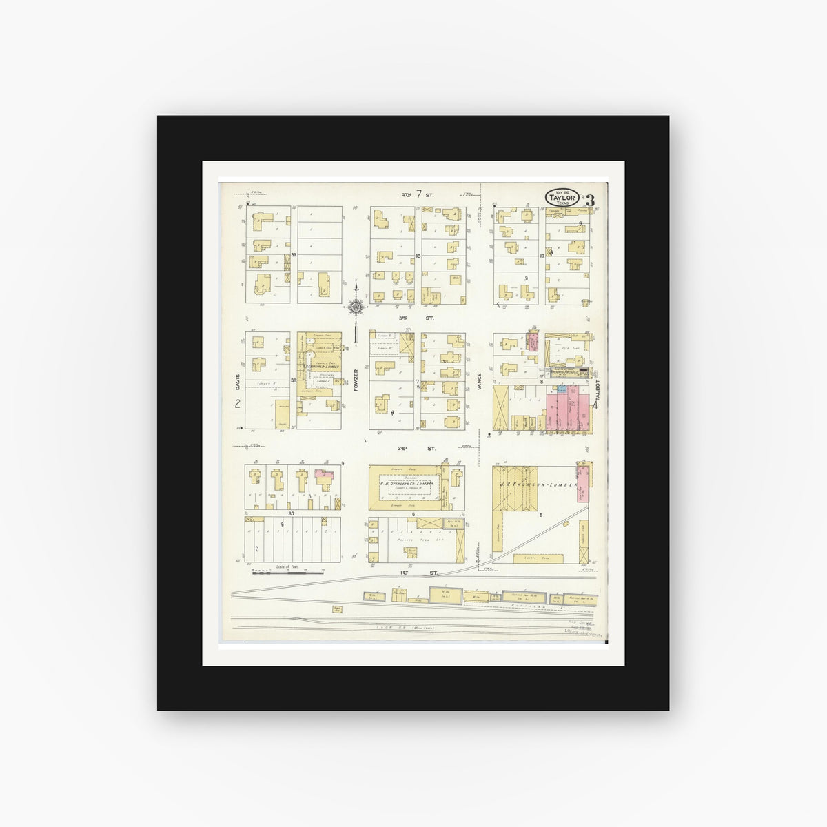 Old map wall art mockup — black gallery frame with white mat — Sanborn Fire Insurance Map from Taylor, Williamson County, Texas (1912), Sheet #0003