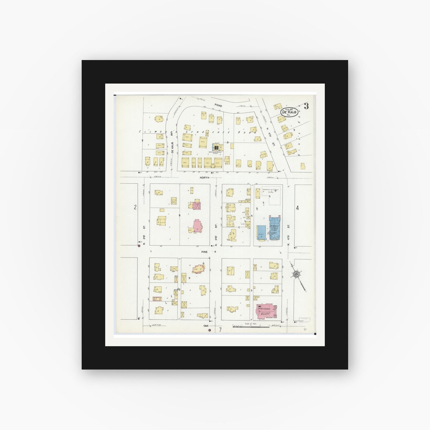 Old map wall art mockup — black gallery frame with white mat — Sanborn Fire Insurance Map from De Kalb, De Kalb County, Illinois (1912), Sheet #0003