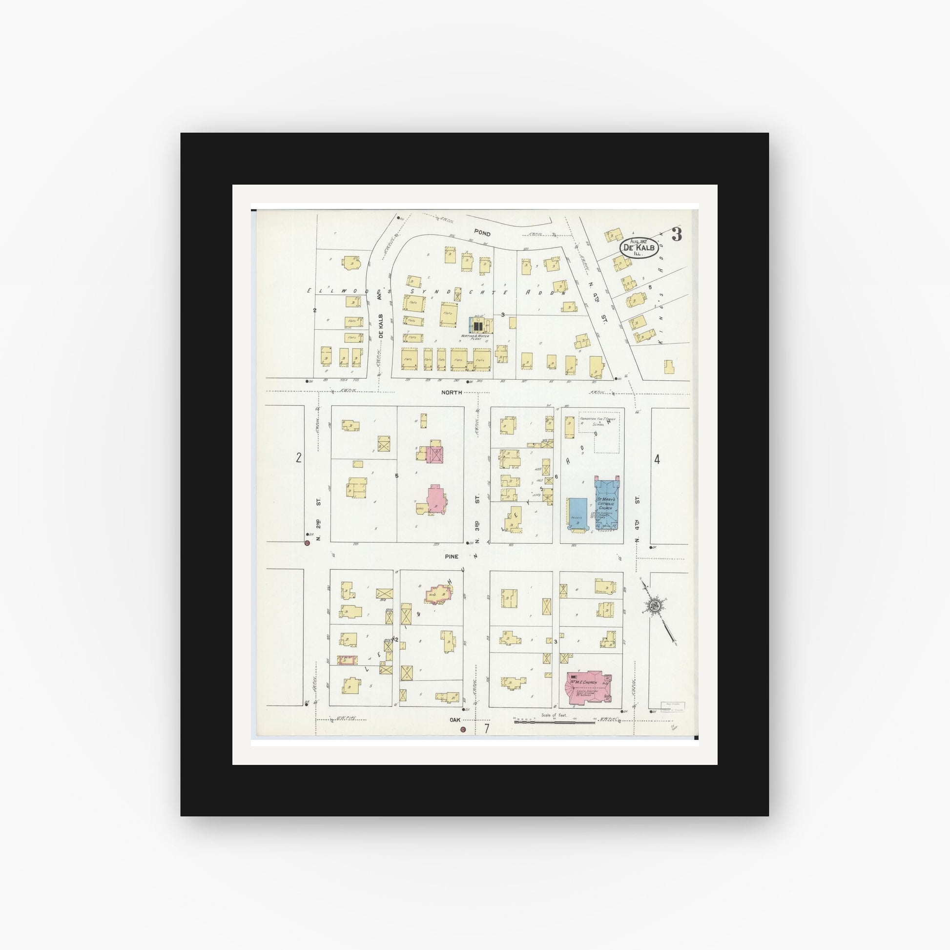 Old map wall art mockup — black gallery frame with white mat — Sanborn Fire Insurance Map from De Kalb, De Kalb County, Illinois (1912), Sheet #0003