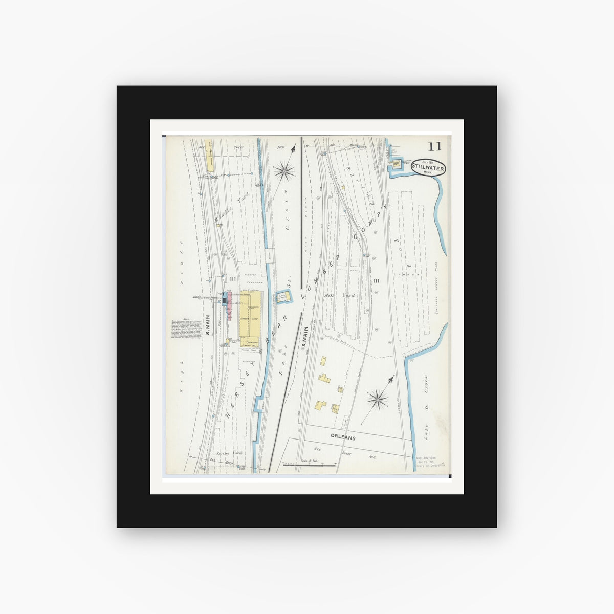 Old map wall art mockup — black gallery frame with white mat — Sanborn Fire Insurance Map from Stillwater, Washington County, Minnesota (1891), Sheet #0011