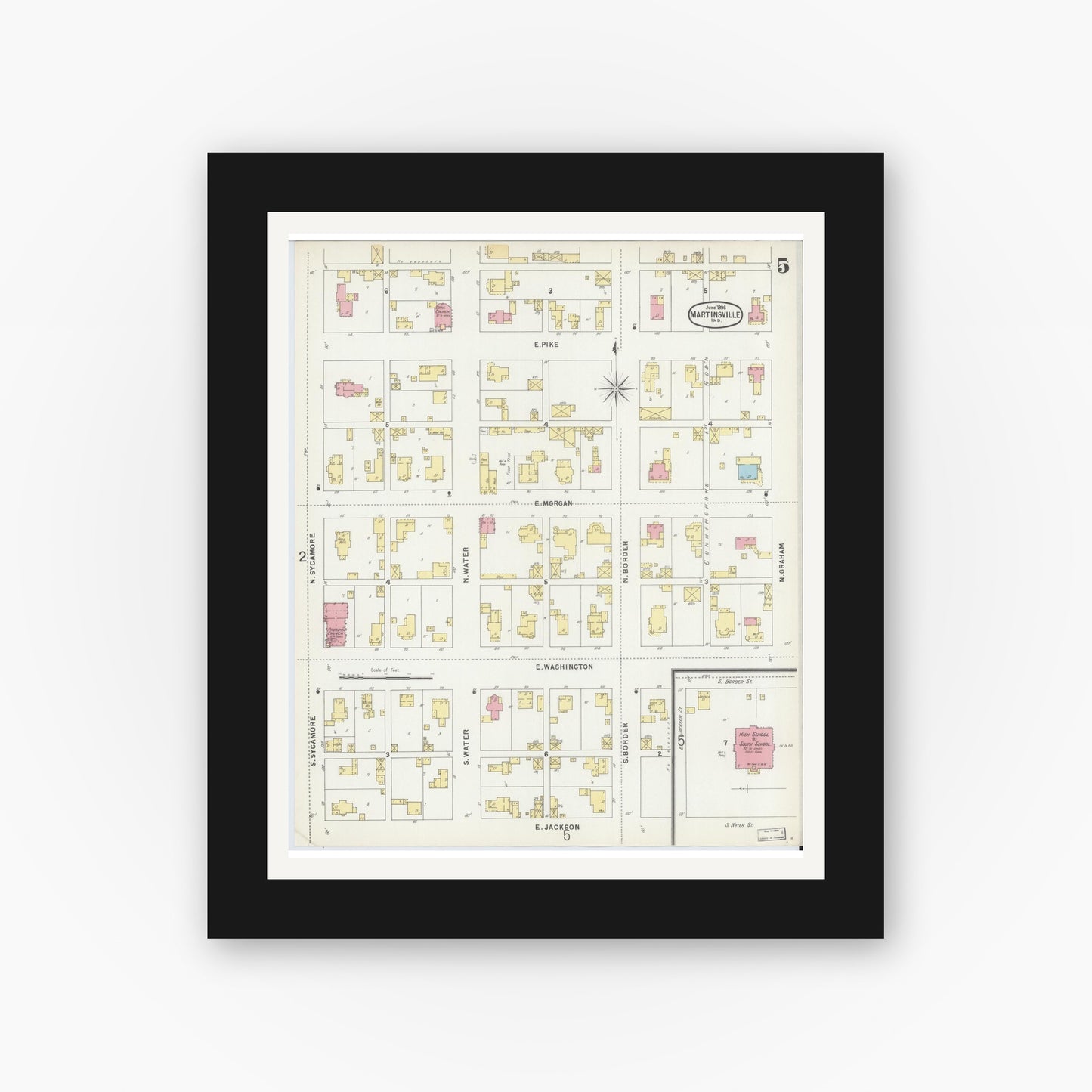 Old map wall art mockup — black gallery frame with white mat — Sanborn Fire Insurance Map from Martinsville, Morgan County, Indiana (1896), Sheet #0005
