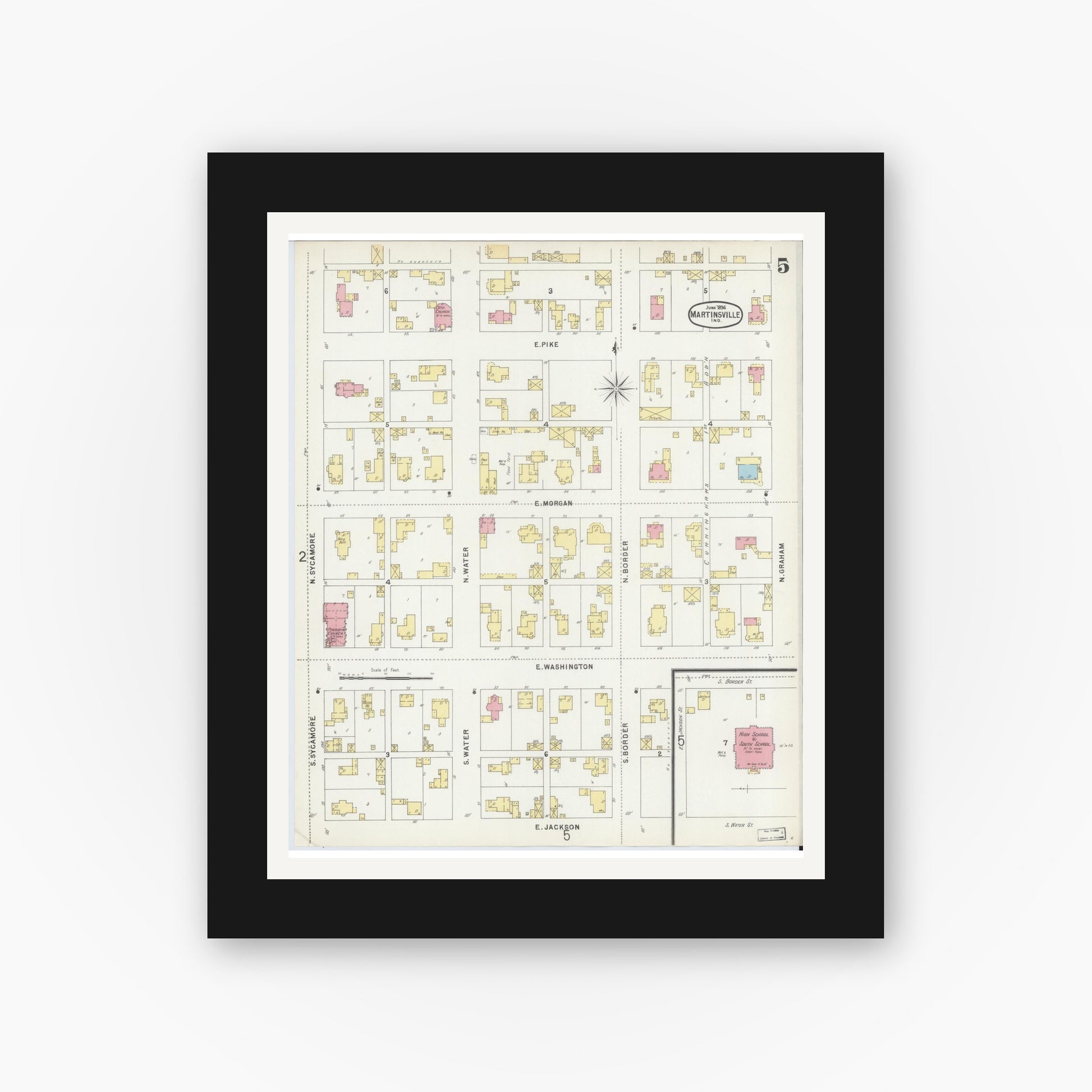 Old map wall art mockup — black gallery frame with white mat — Sanborn Fire Insurance Map from Martinsville, Morgan County, Indiana (1896), Sheet #0005