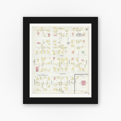 Old map wall art mockup — black gallery frame with white mat — Sanborn Fire Insurance Map from Martinsville, Morgan County, Indiana (1896), Sheet #0005