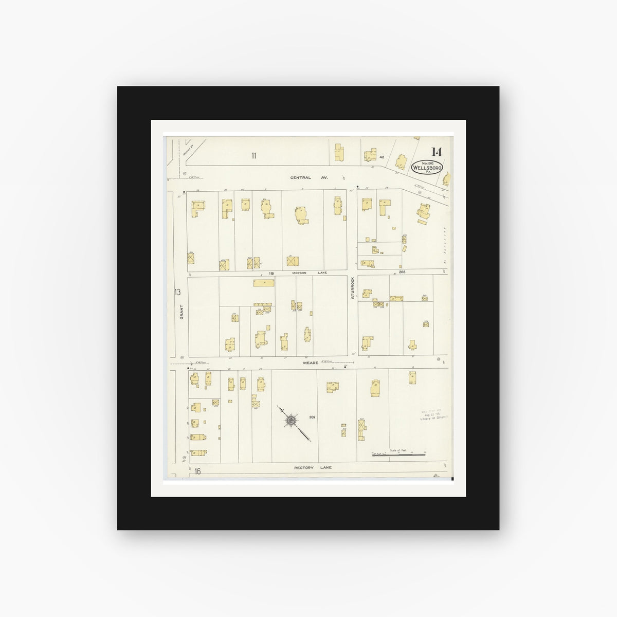 Old map wall art mockup — black gallery frame with white mat — Sanborn Fire Insurance Map from Wellsboro, Tioga County, Pennsylvania (1910), Sheet #0014