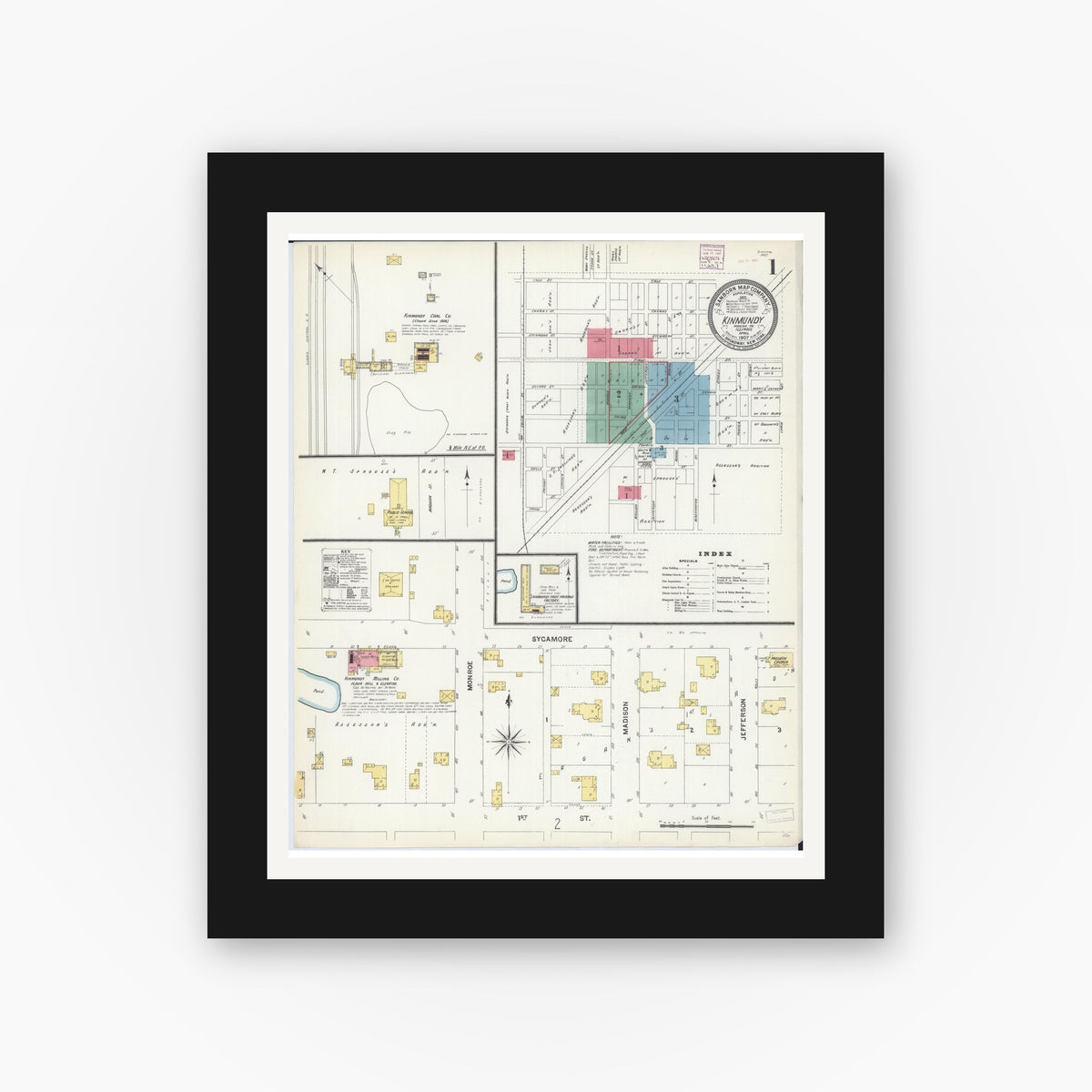 Old map wall art mockup — black gallery frame with white mat — Sanborn Fire Insurance Map from Kinmundy, Marion County, Illinois (1907) - Complete Map Set