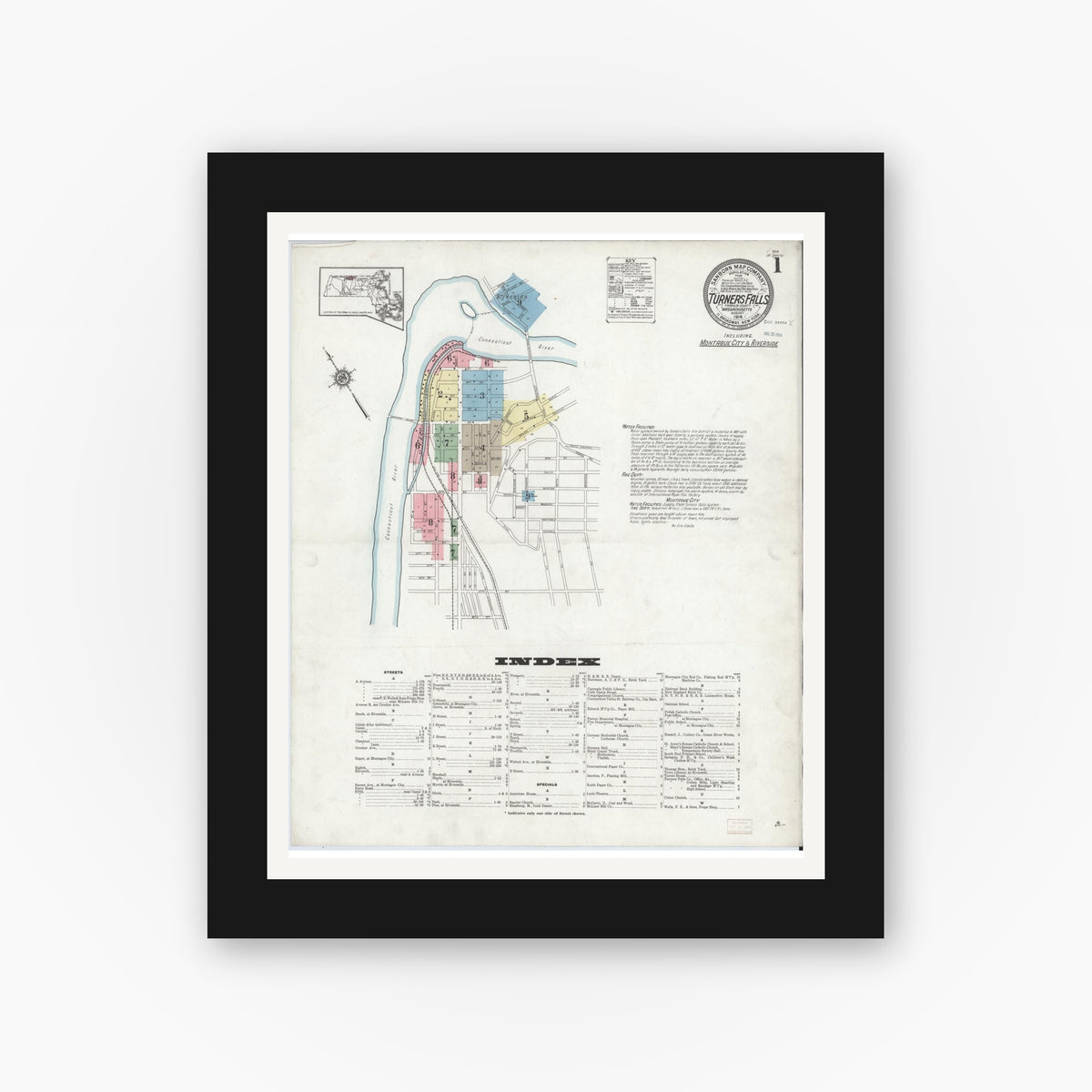 Old map wall art mockup — black gallery frame with white mat — Sanborn Fire Insurance Map from Turners Falls, Franklin County, Massachusetts (1914) - Complete Map Set
