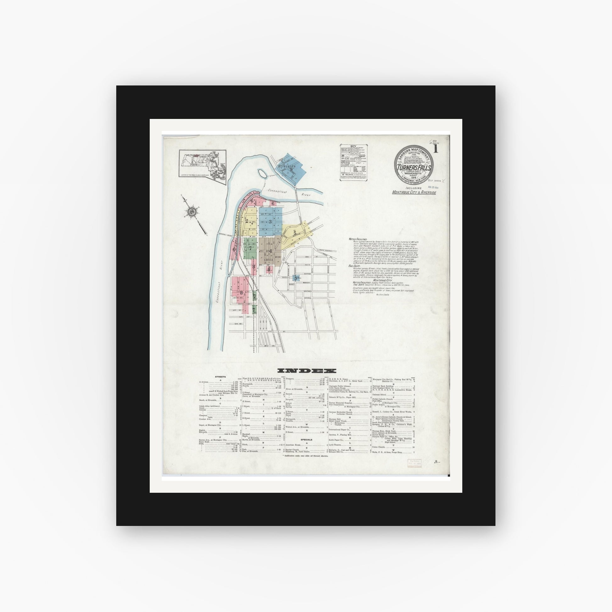 Old map wall art mockup — black gallery frame with white mat — Sanborn Fire Insurance Map from Turners Falls, Franklin County, Massachusetts (1914) - Complete Map Set