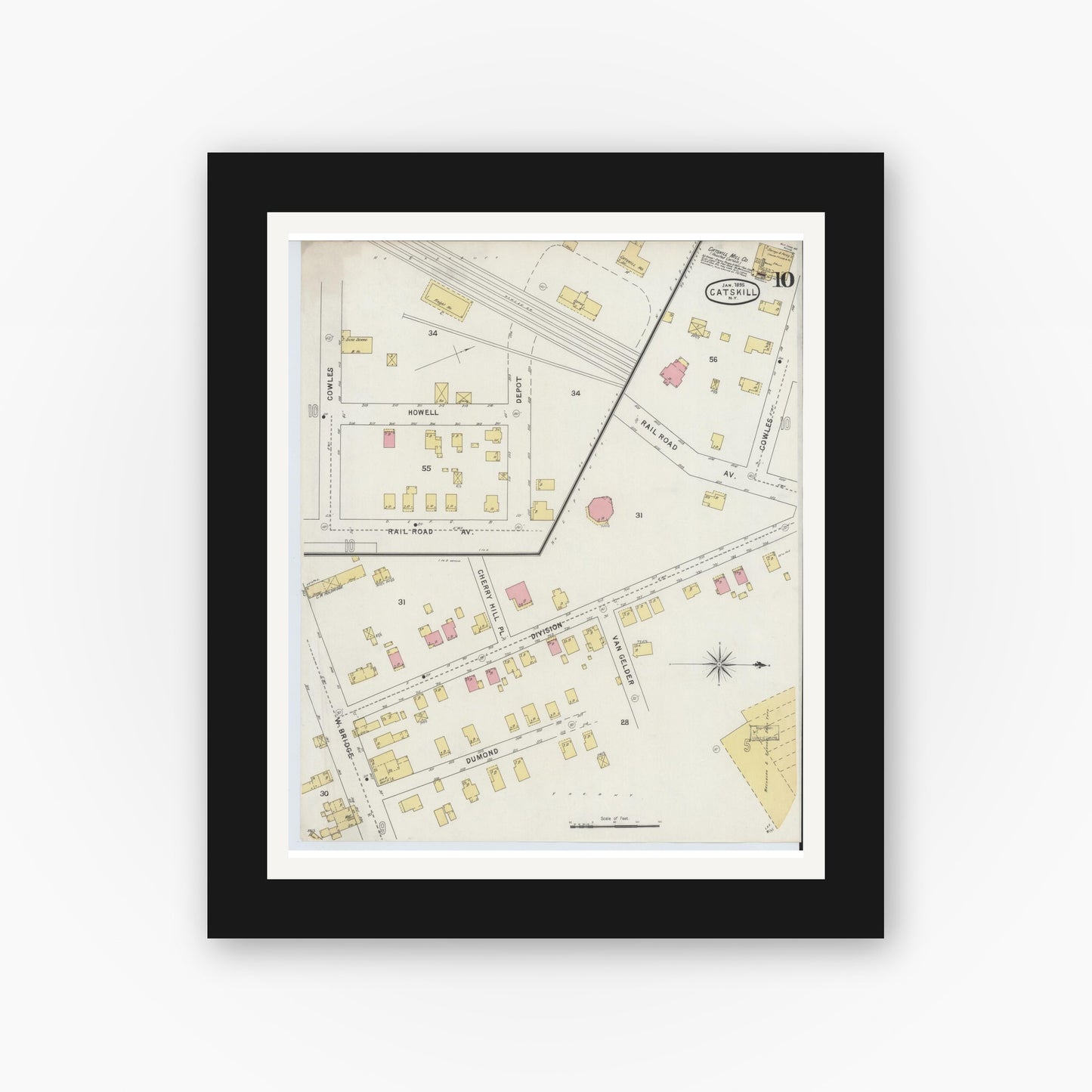 Old map wall art mockup — black gallery frame with white mat — Sanborn Fire Insurance Map from Catskill, Greene County, New York (1895), Sheet #0010