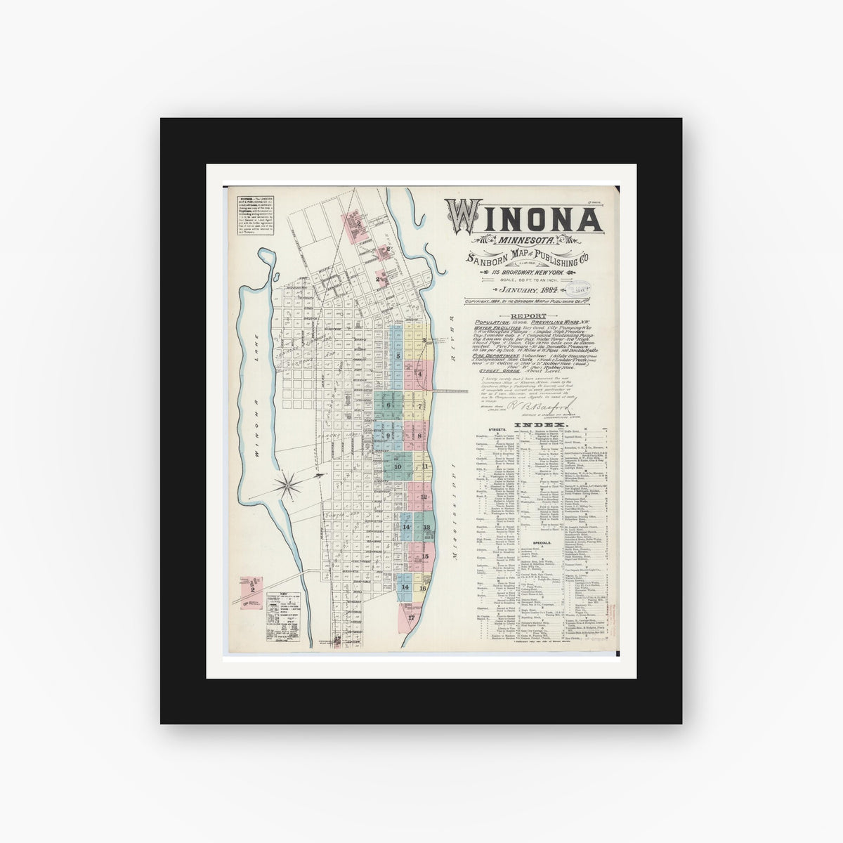 Old map wall art mockup — black gallery frame with white mat — Sanborn Fire Insurance Map from Winona, Winona County, Minnesota (1884), Sheet #0001