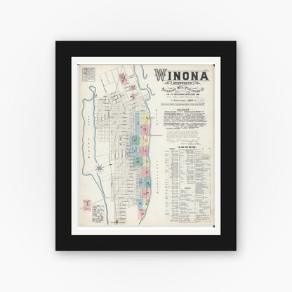 Old map wall art mockup — black gallery frame with white mat — Sanborn Fire Insurance Map from Winona, Winona County, Minnesota (1884), Sheet #0001