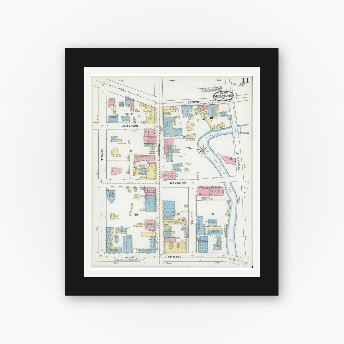 Old map wall art mockup — black gallery frame with white mat — Sanborn Fire Insurance Map from San Antonio, Bexar County, Texas (1892), Sheet #0011