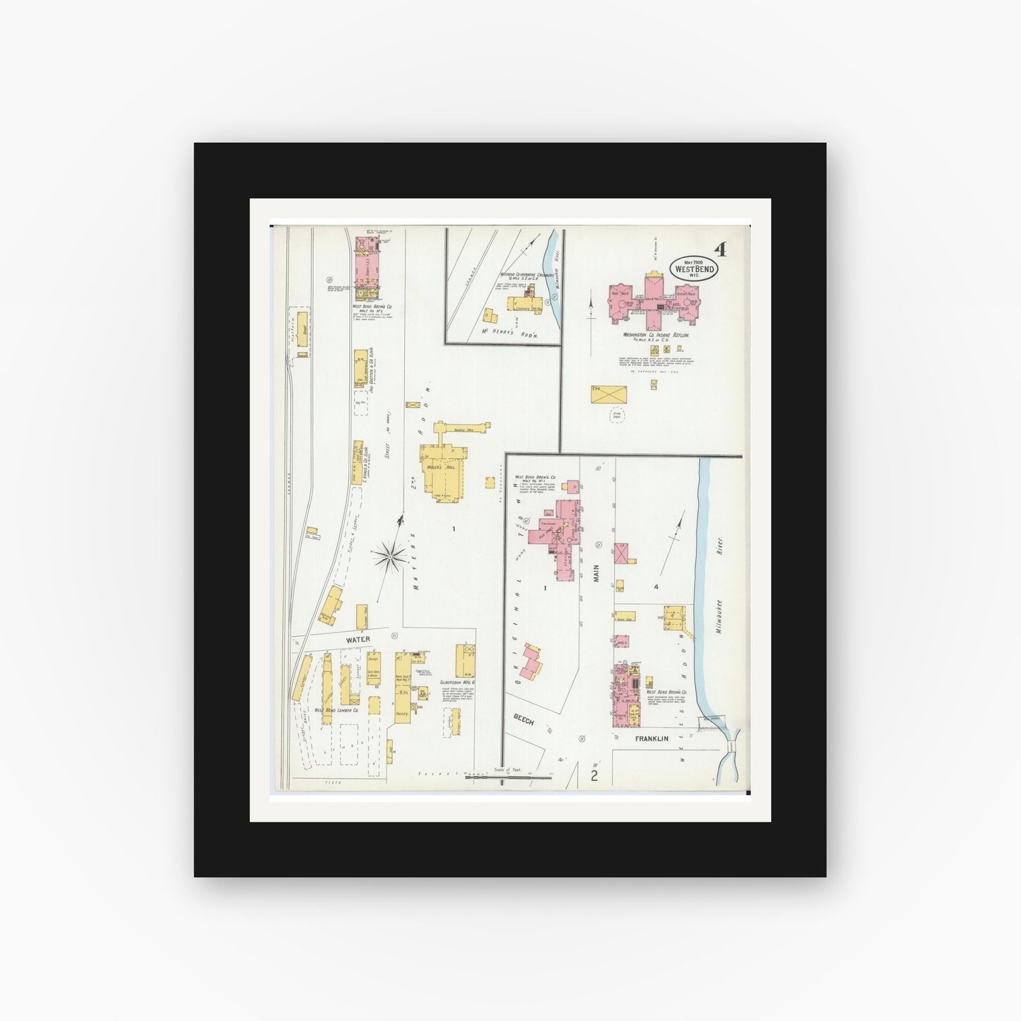 Old map wall art mockup — black gallery frame with white mat — Sanborn Fire Insurance Map from West Bend, Washington County, Wisconsin (1900), Sheet #0004
