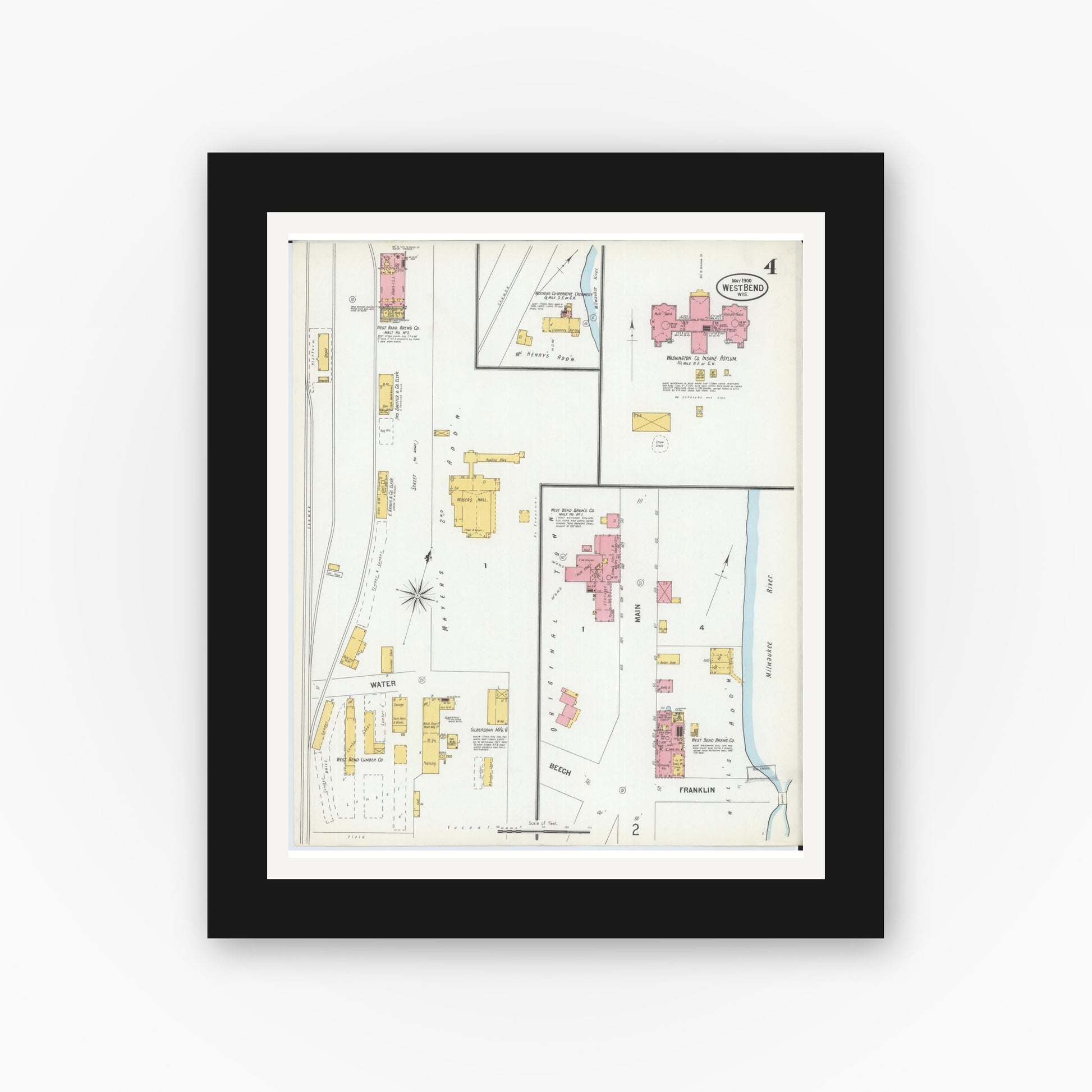 Old map wall art mockup — black gallery frame with white mat — Sanborn Fire Insurance Map from West Bend, Washington County, Wisconsin (1900), Sheet #0004