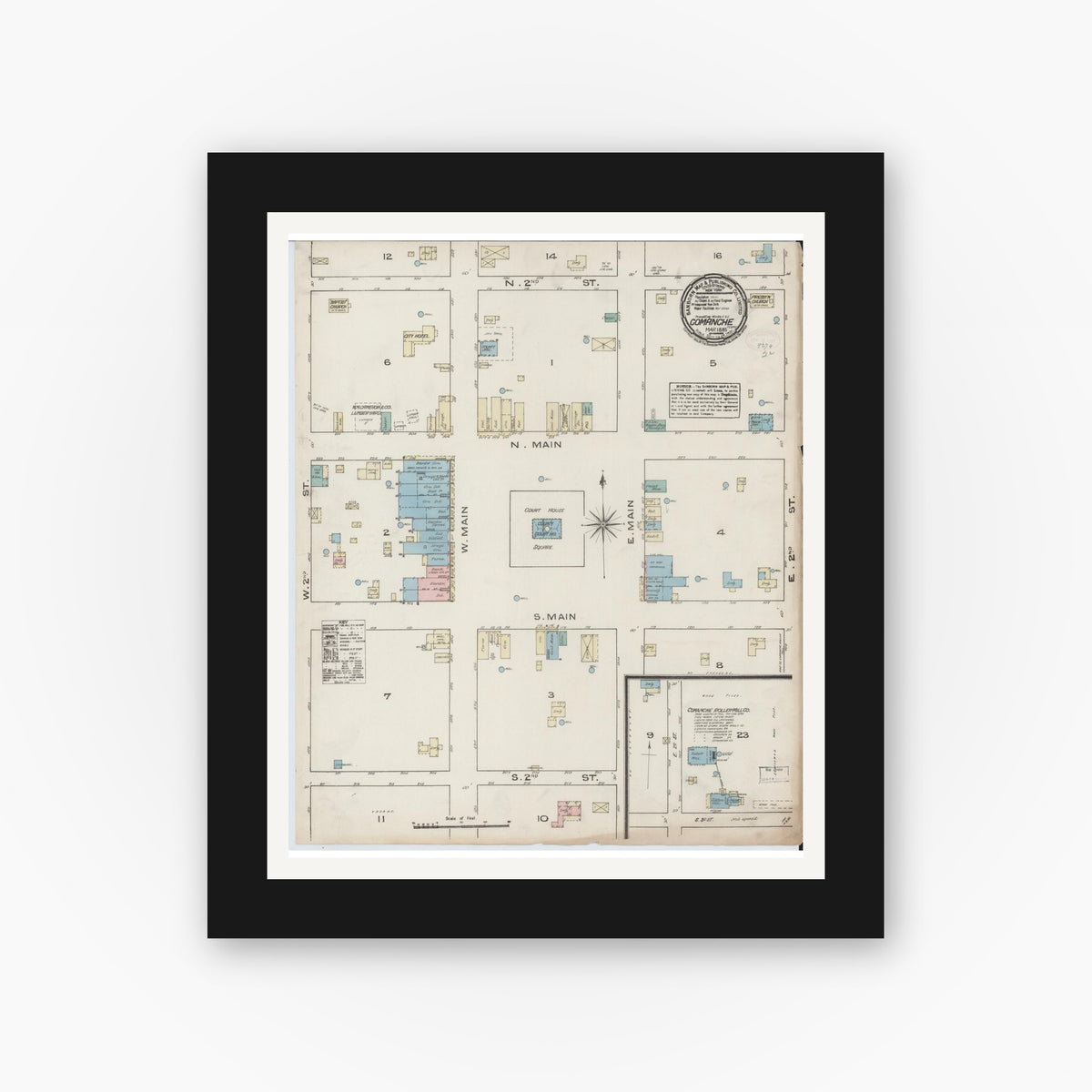 Old map wall art mockup — black gallery frame with white mat — Sanborn Fire Insurance Map from Comanche, Comanche County, Texas (1885), Sheet #0001