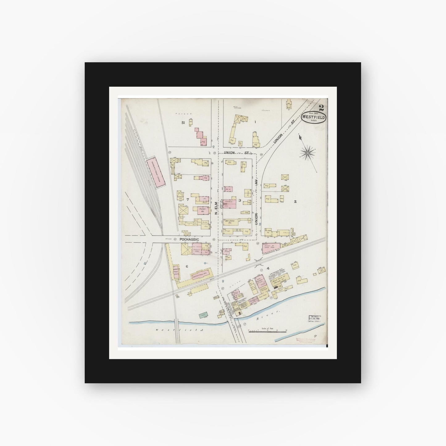 Old map wall art mockup — black gallery frame with white mat — Sanborn Fire Insurance Map from Westfield, Hampden County, Massachusetts (1889), Sheet #0002