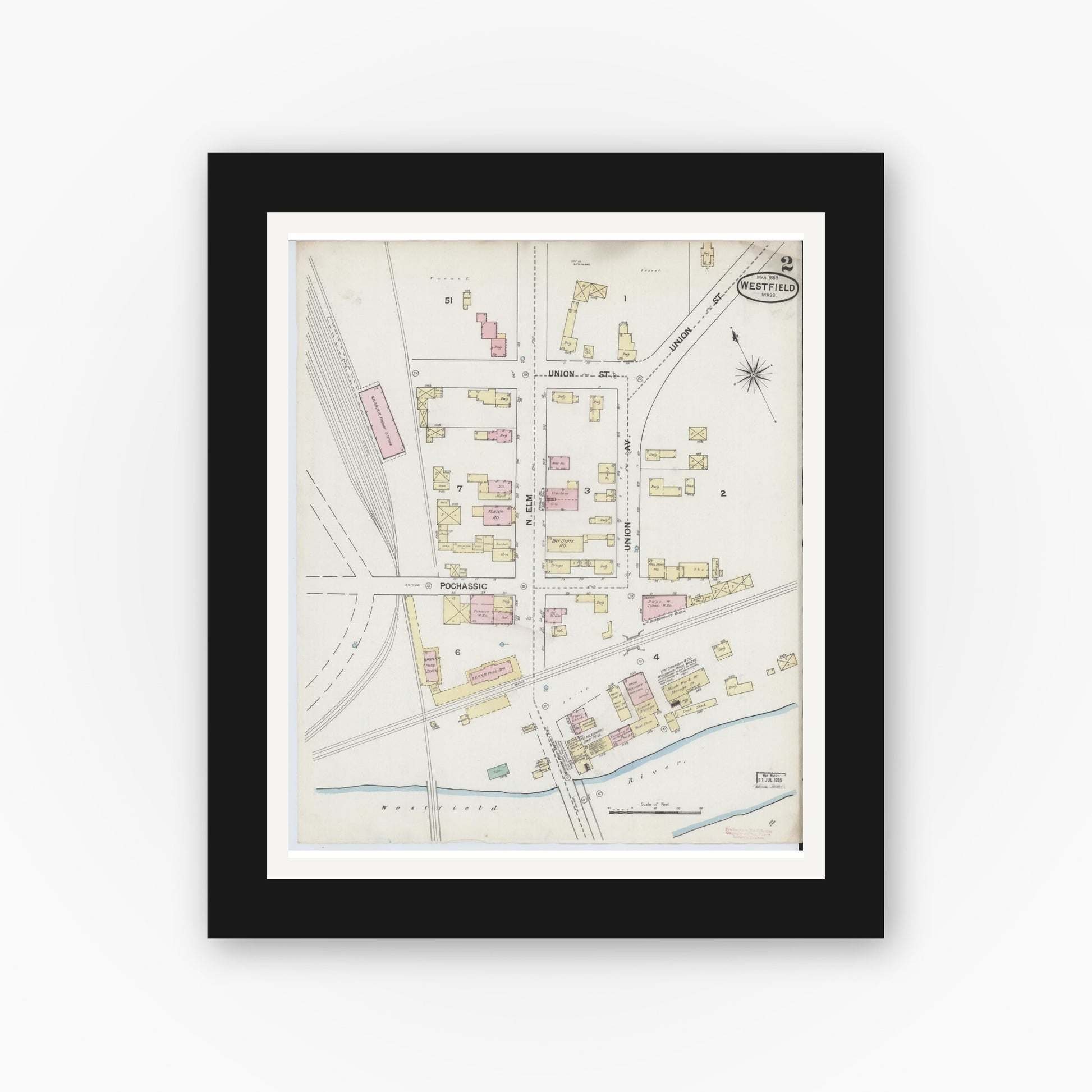 Old map wall art mockup — black gallery frame with white mat — Sanborn Fire Insurance Map from Westfield, Hampden County, Massachusetts (1889), Sheet #0002