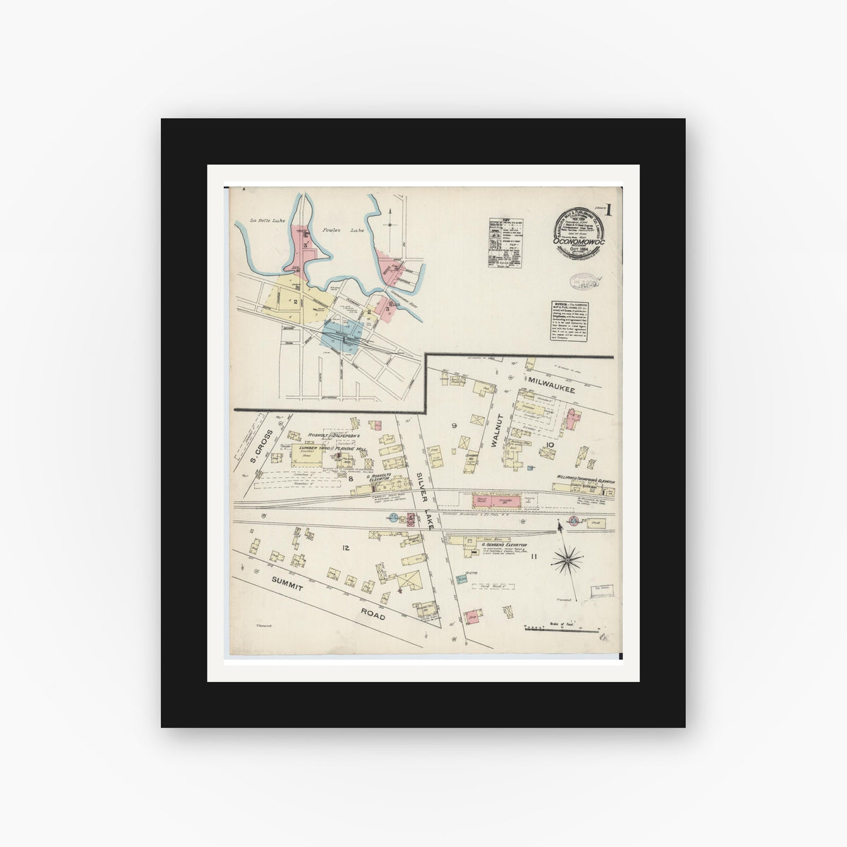 Old map wall art mockup — black gallery frame with white mat — Sanborn Fire Insurance Map from Oconomowoc, Waukesha County, Wisconsin (1884), Sheet #0001
