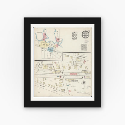 Old map wall art mockup — black gallery frame with white mat — Sanborn Fire Insurance Map from Oconomowoc, Waukesha County, Wisconsin (1884), Sheet #0001