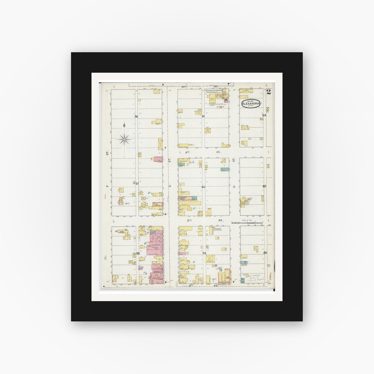 Old map wall art mockup — black gallery frame with white mat — Sanborn Fire Insurance Map from Alexandria, Douglas County, Minnesota (1892), Sheet #0002