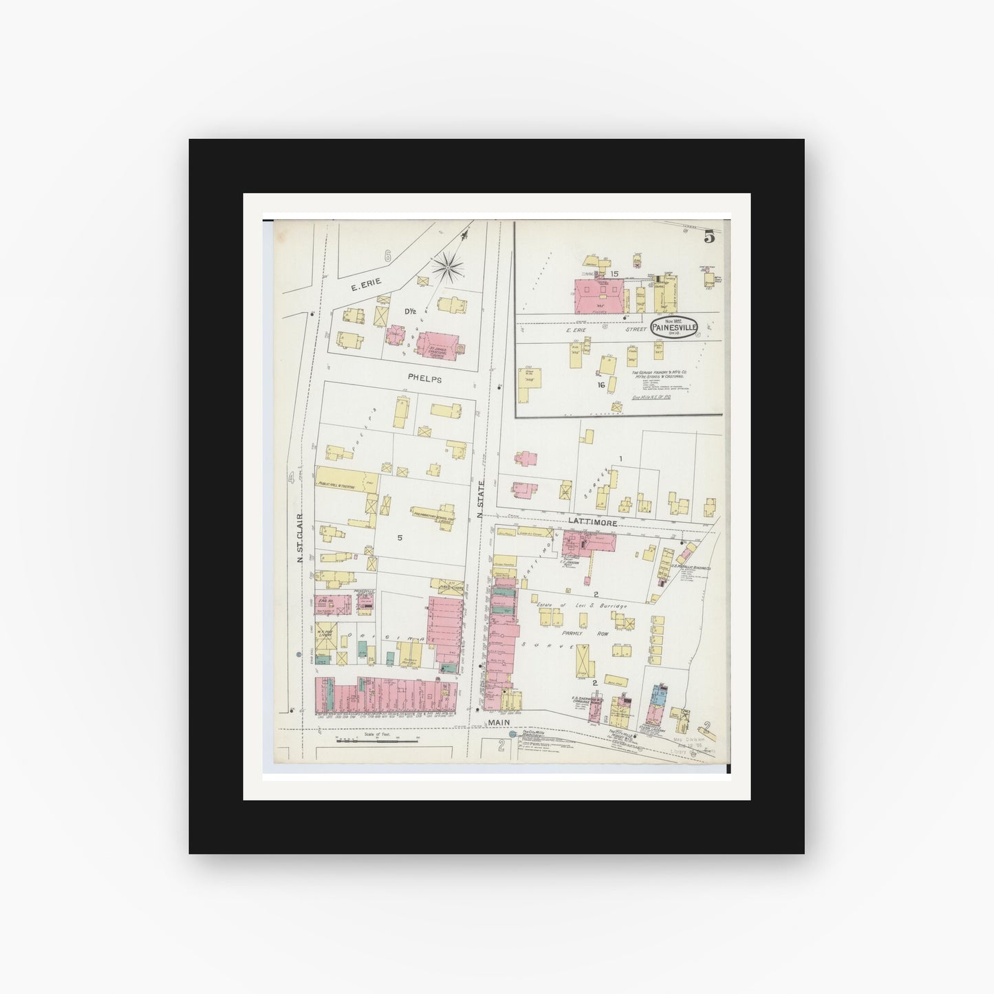 Old map wall art mockup — black gallery frame with white mat — Sanborn Fire Insurance Map from Painesville, Lake County, Ohio (1892), Sheet #0005