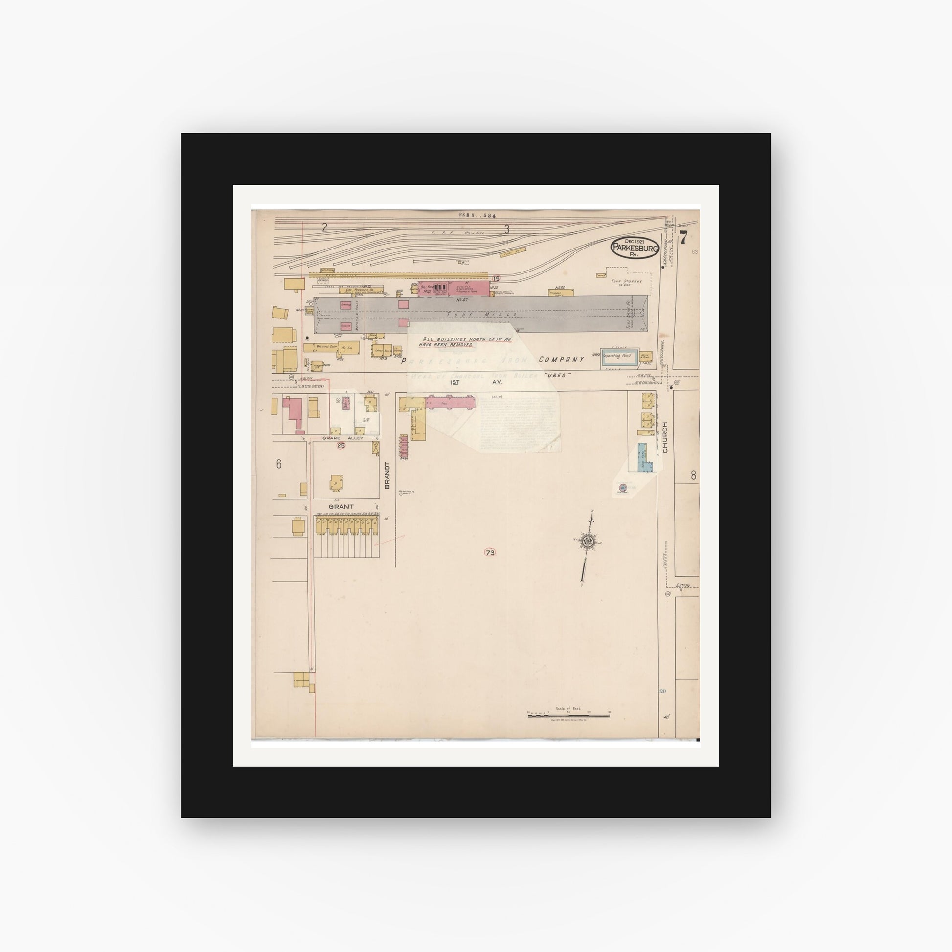 Old map wall art mockup — black gallery frame with white mat — Sanborn Fire Insurance Map from Parkesburg, Chester County, Pennsylvania (1934), Sheet #0007