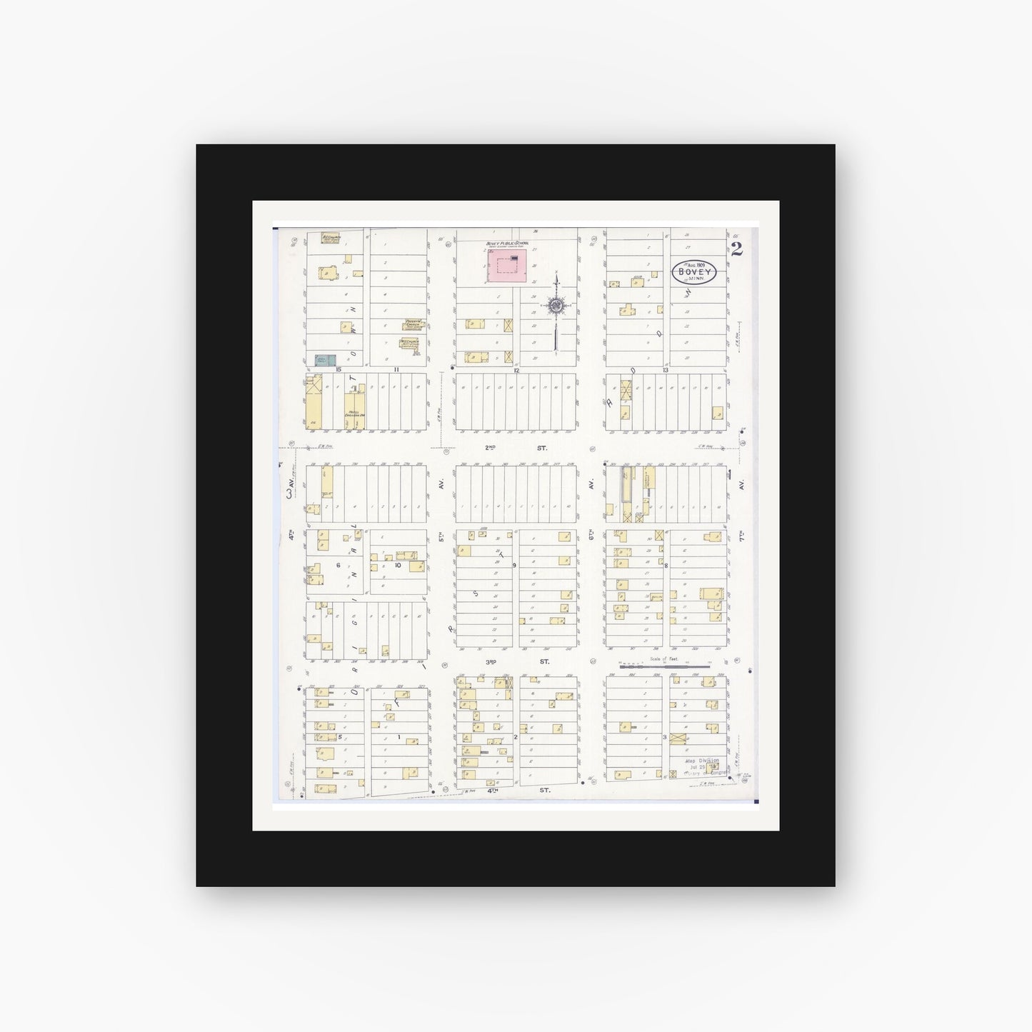 Old map wall art mockup — black gallery frame with white mat — Sanborn Fire Insurance Map from Bovey, Itasca County, Minnesota (1909), Sheet #0002