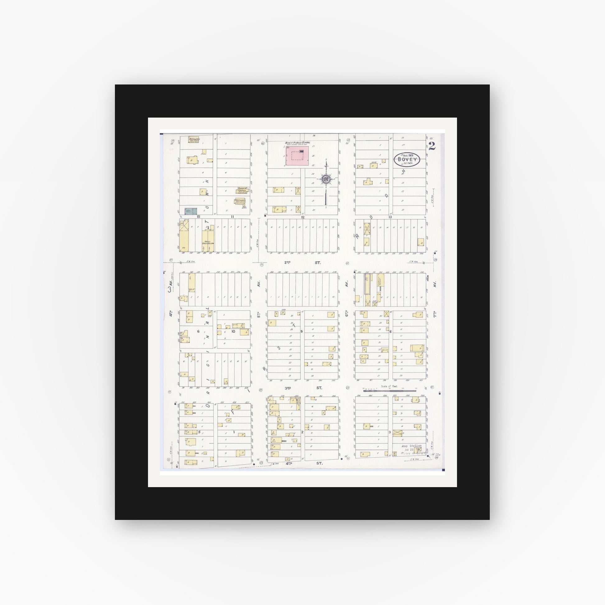 Old map wall art mockup — black gallery frame with white mat — Sanborn Fire Insurance Map from Bovey, Itasca County, Minnesota (1909), Sheet #0002