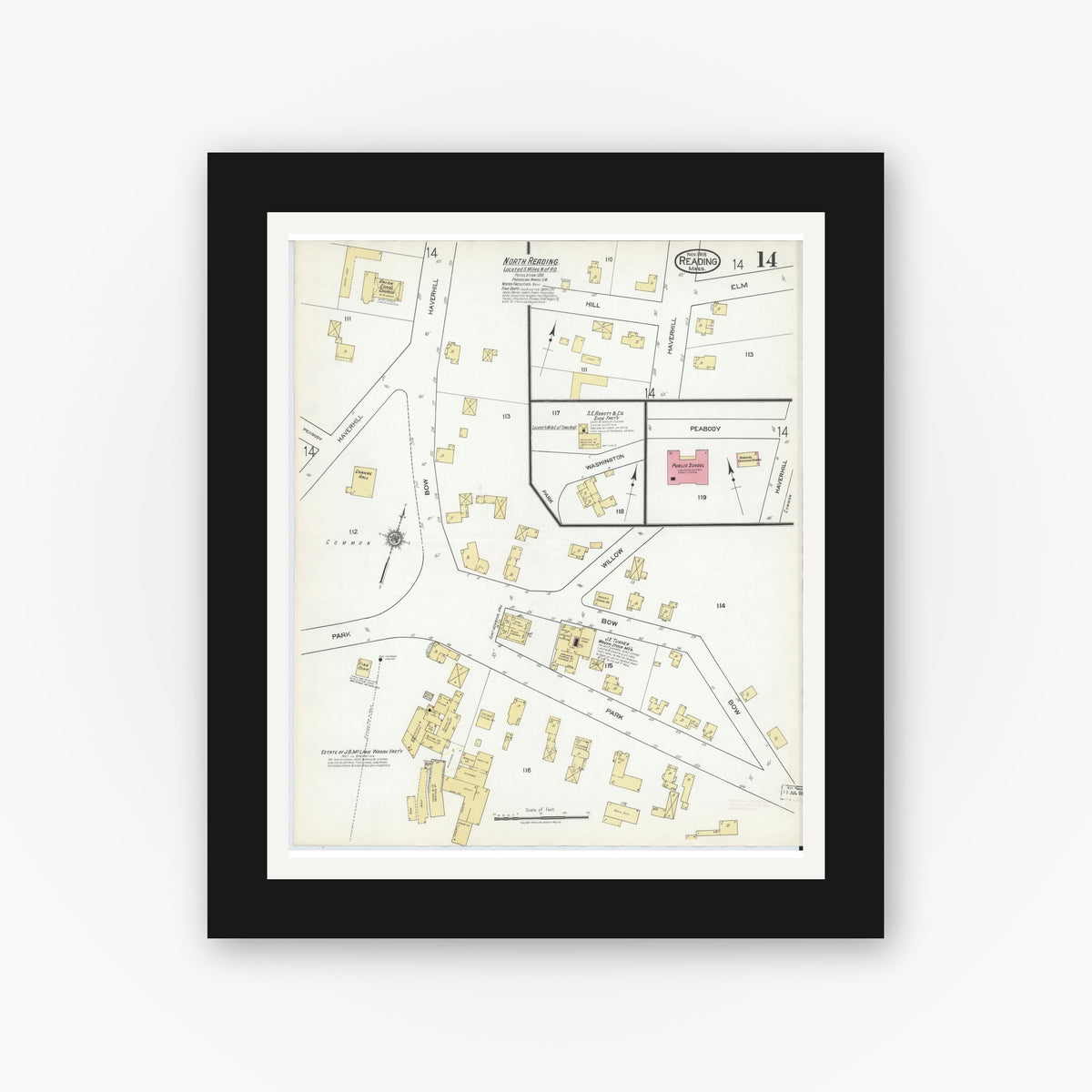 Old map wall art mockup — black gallery frame with white mat — Sanborn Fire Insurance Map from Reading, Middlesex County, Massachusetts (1918), Sheet #0014