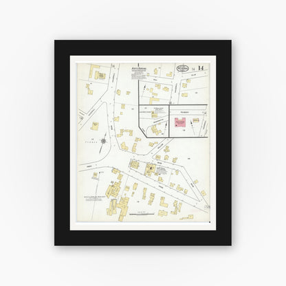 Old map wall art mockup — black gallery frame with white mat — Sanborn Fire Insurance Map from Reading, Middlesex County, Massachusetts (1918), Sheet #0014