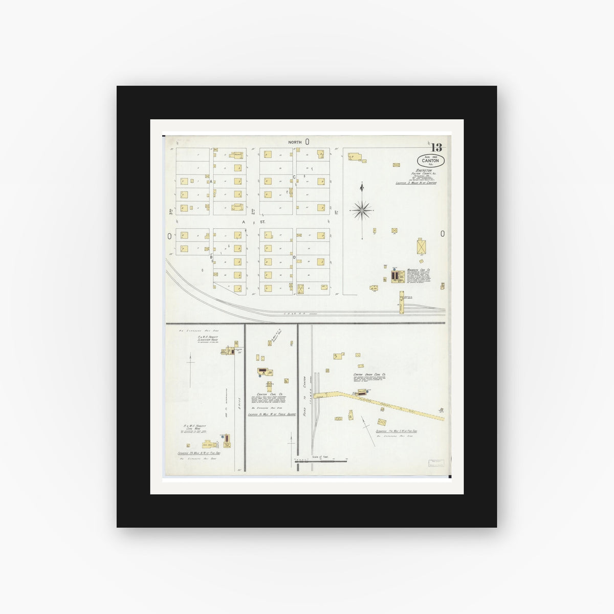 Old map wall art mockup — black gallery frame with white mat — Sanborn Fire Insurance Map from Canton, Fulton County, Illinois (1902), Sheet #0013