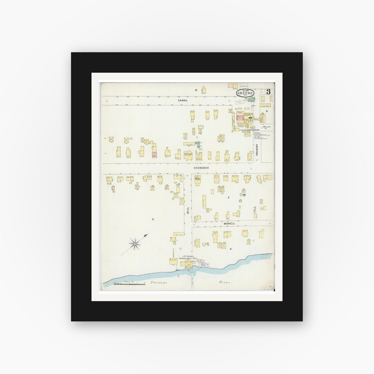 Old map wall art mockup — black gallery frame with white mat — Sanborn Fire Insurance Map from Greene, Chenango County, New York (1897), Sheet #0003