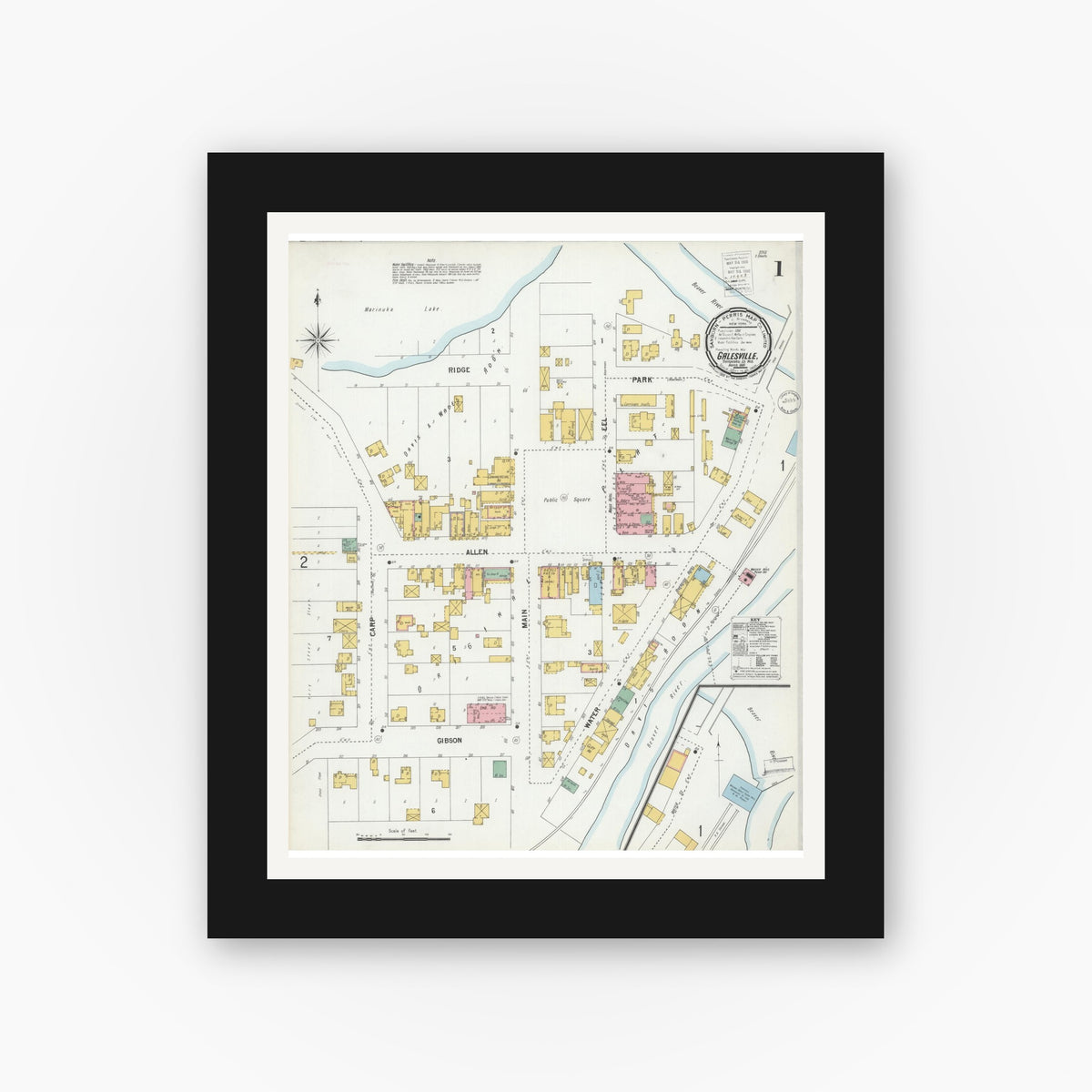 Old map wall art mockup — black gallery frame with white mat — Sanborn Fire Insurance Map from Galesville, Trempealeau County, Wisconsin (1900) - Complete Map Set