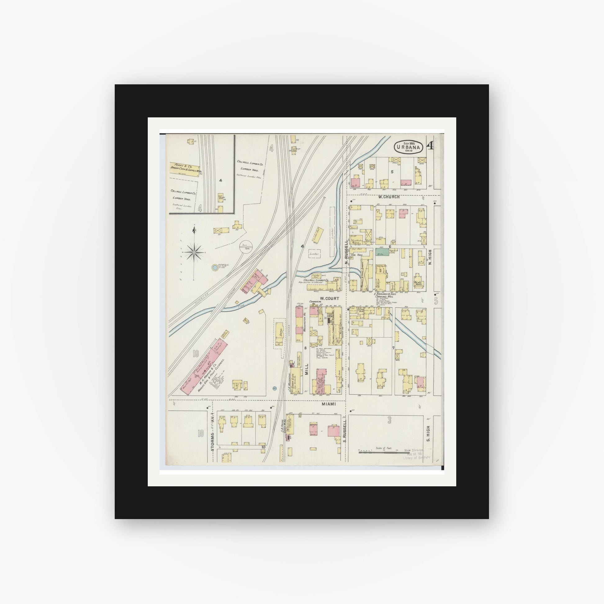 Old map wall art mockup — black gallery frame with white mat — Sanborn Fire Insurance Map from Urbana, Champaign County, Ohio (1895), Sheet #0004