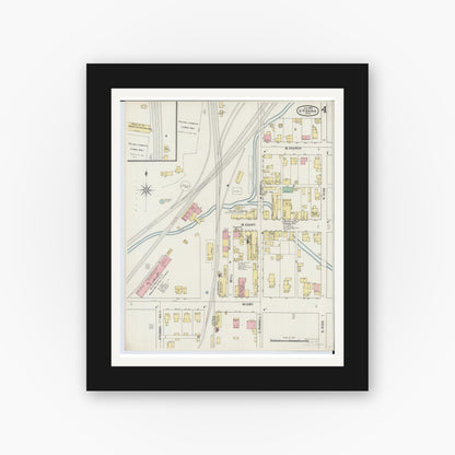 Old map wall art mockup — black gallery frame with white mat — Sanborn Fire Insurance Map from Urbana, Champaign County, Ohio (1895), Sheet #0004