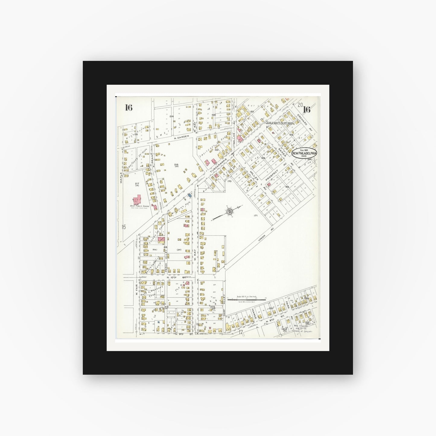 Old map wall art mockup — black gallery frame with white mat — Sanborn Fire Insurance Map from New Philadelphia, Tuscarawas County, Ohio (1926), Sheet #0016
