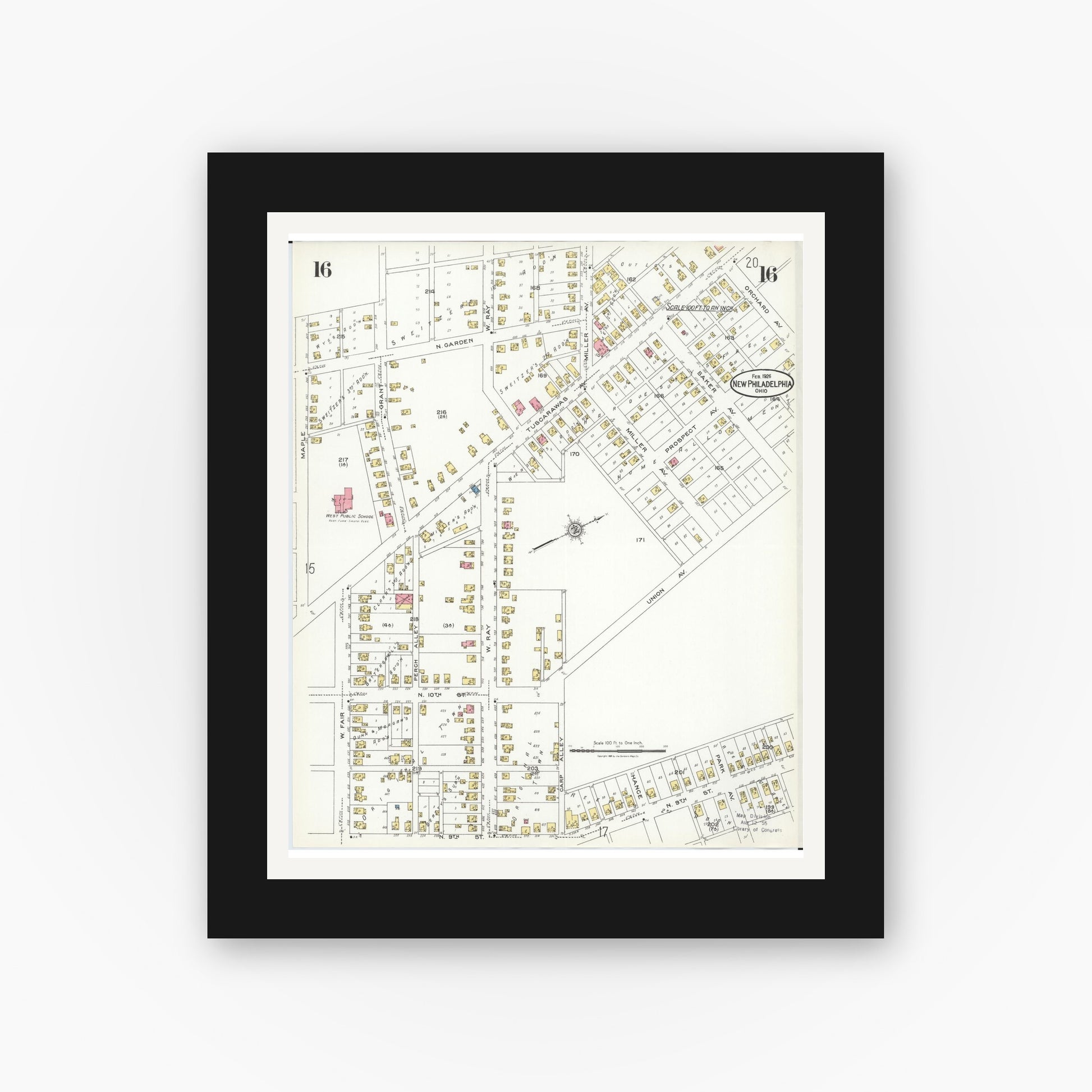 Old map wall art mockup — black gallery frame with white mat — Sanborn Fire Insurance Map from New Philadelphia, Tuscarawas County, Ohio (1926), Sheet #0016