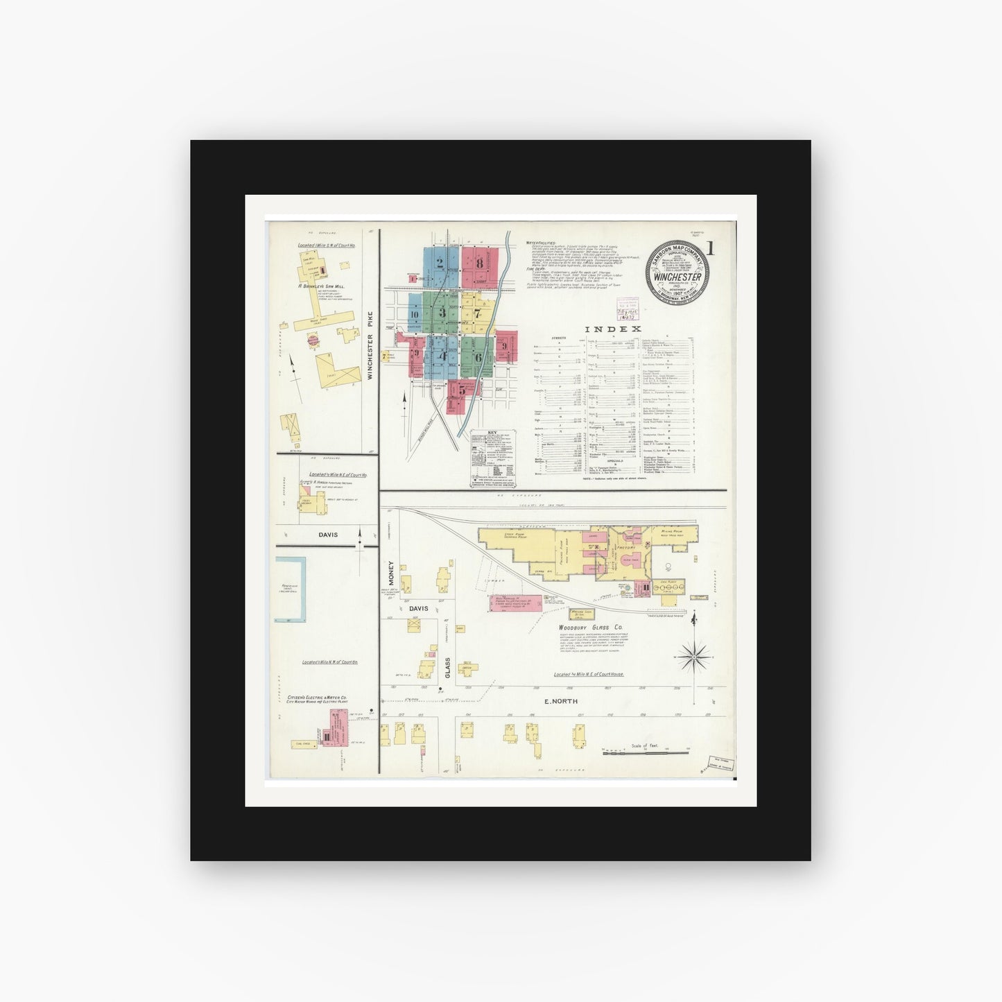 Old map wall art mockup — black gallery frame with white mat — Sanborn Fire Insurance Map from Winchester, Randolph County, Indiana (1907) - Complete Map Set