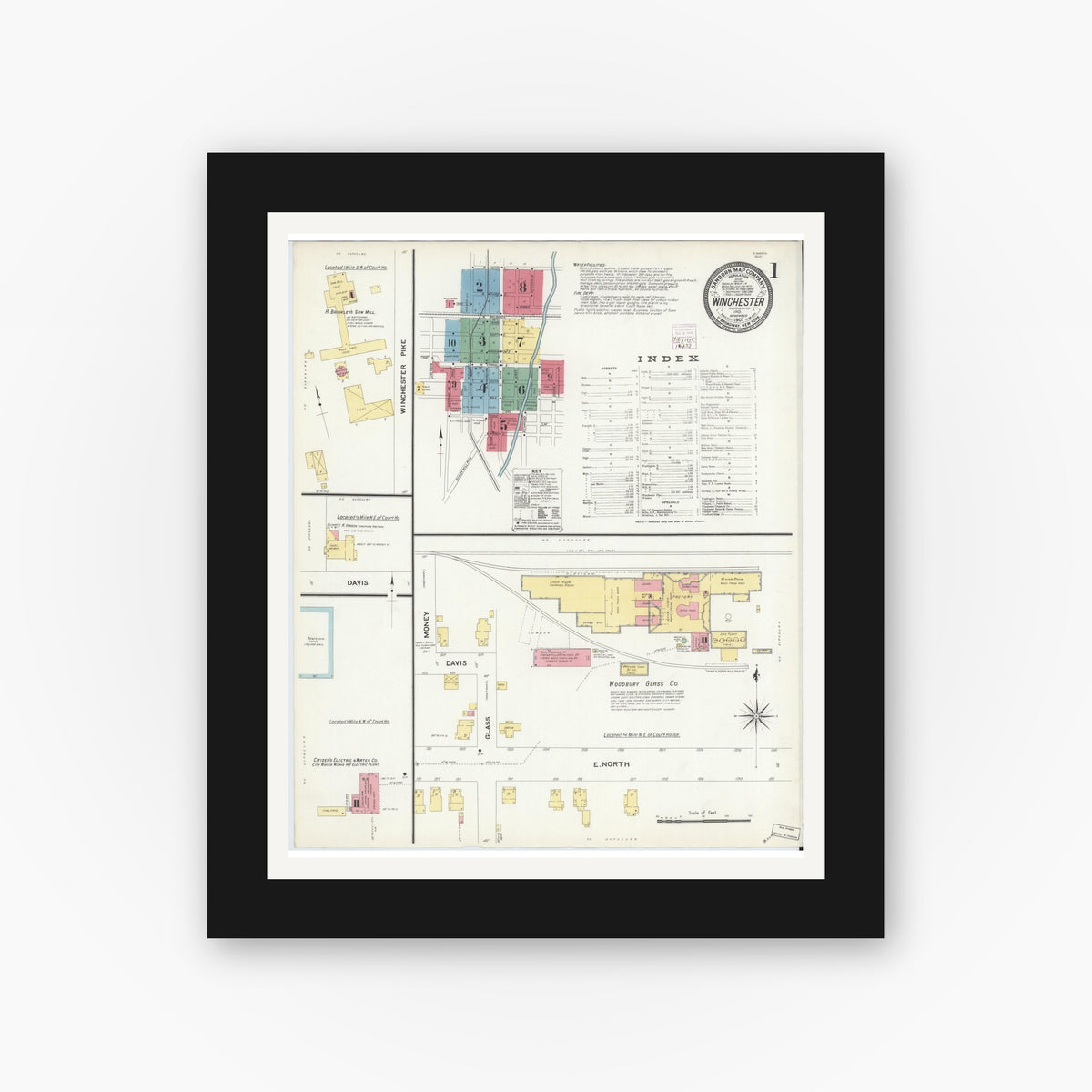 Old map wall art mockup — black gallery frame with white mat — Sanborn Fire Insurance Map from Winchester, Randolph County, Indiana (1907) - Complete Map Set
