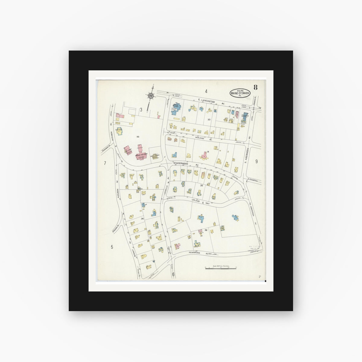 Old map wall art mockup — black gallery frame with white mat — Sanborn Fire Insurance Map from Wayne, Delaware County, Pennsylvania (1914), Sheet #0008