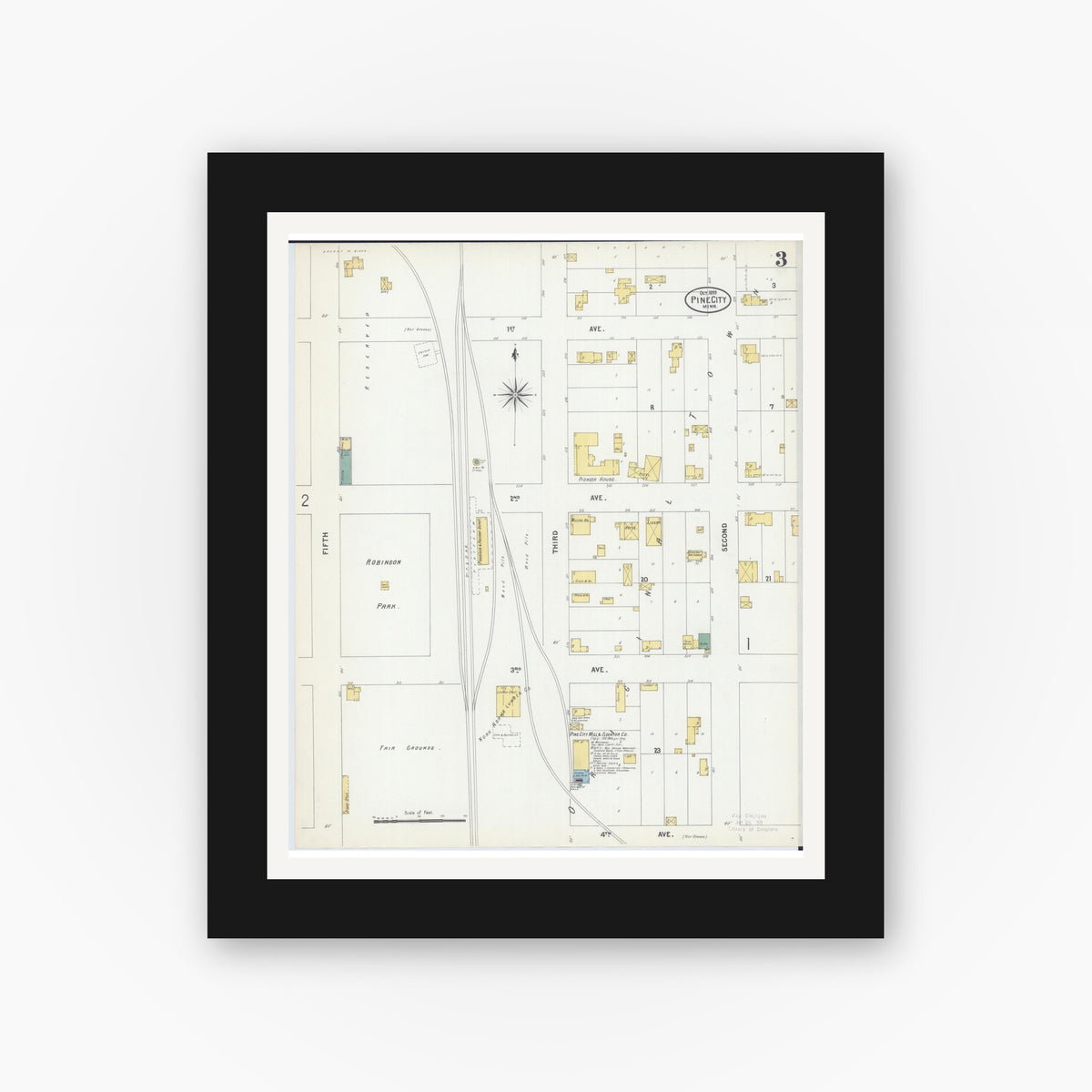 Old map wall art mockup — black gallery frame with white mat — Sanborn Fire Insurance Map from Pine City, Pine County, Minnesota (1899), Sheet #0003