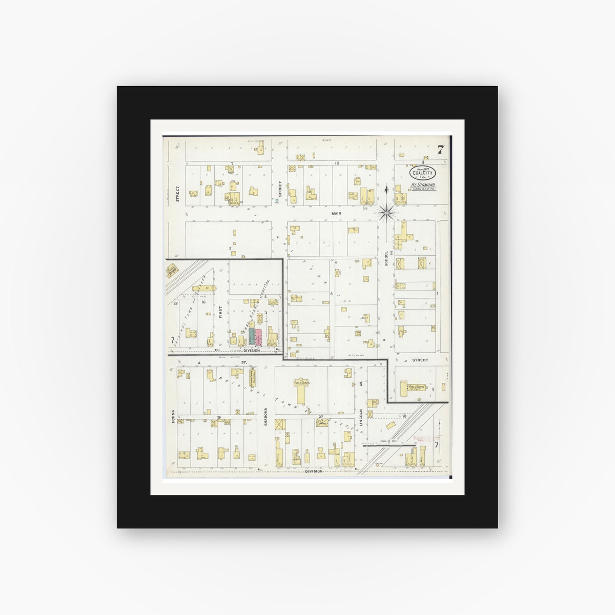 Old map wall art mockup — black gallery frame with white mat — Sanborn Fire Insurance Map from Coal City, Grundy County, Illinois (1907), Sheet #0007