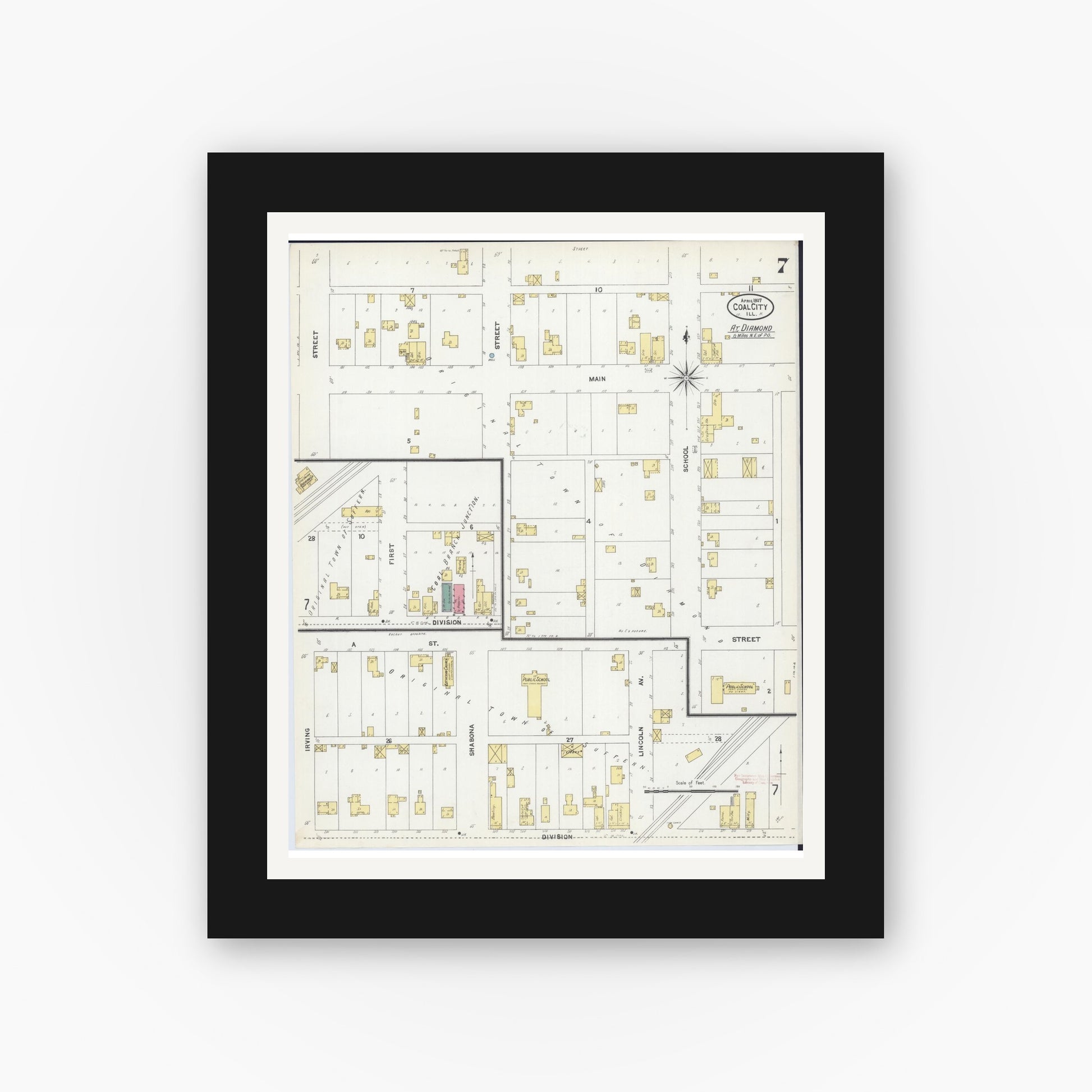 Old map wall art mockup — black gallery frame with white mat — Sanborn Fire Insurance Map from Coal City, Grundy County, Illinois (1907), Sheet #0007