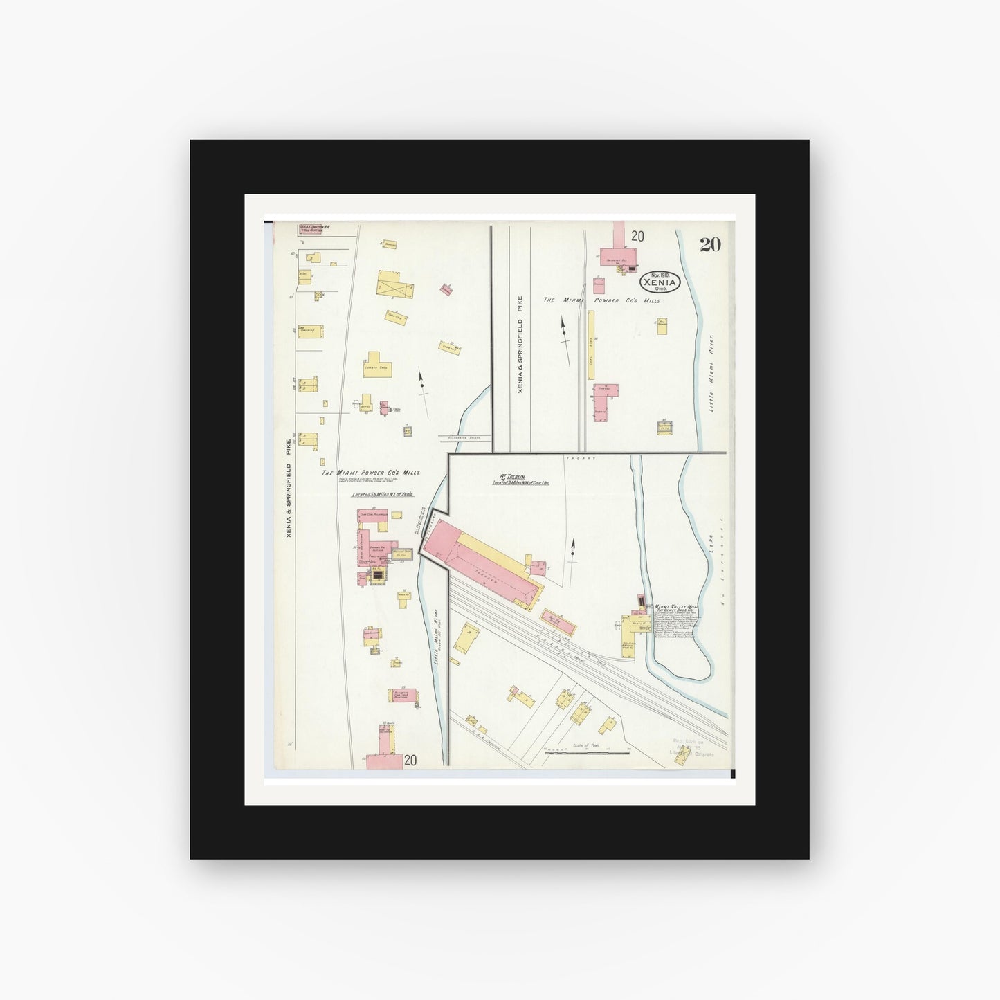 Old map wall art mockup — black gallery frame with white mat — Sanborn Fire Insurance Map from Xenia, Greene County, Ohio (1910), Sheet #0020