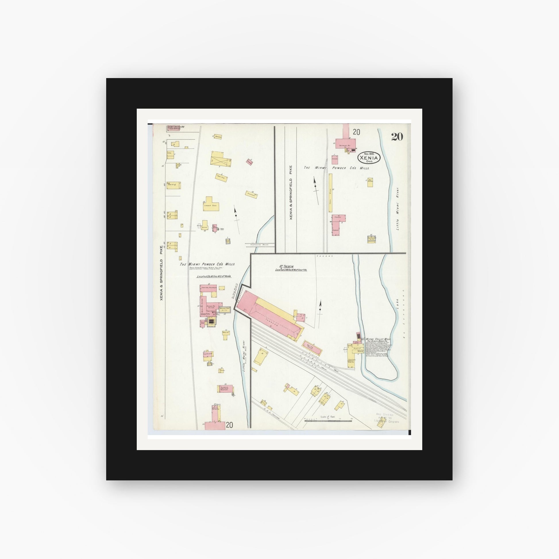 Old map wall art mockup — black gallery frame with white mat — Sanborn Fire Insurance Map from Xenia, Greene County, Ohio (1910), Sheet #0020